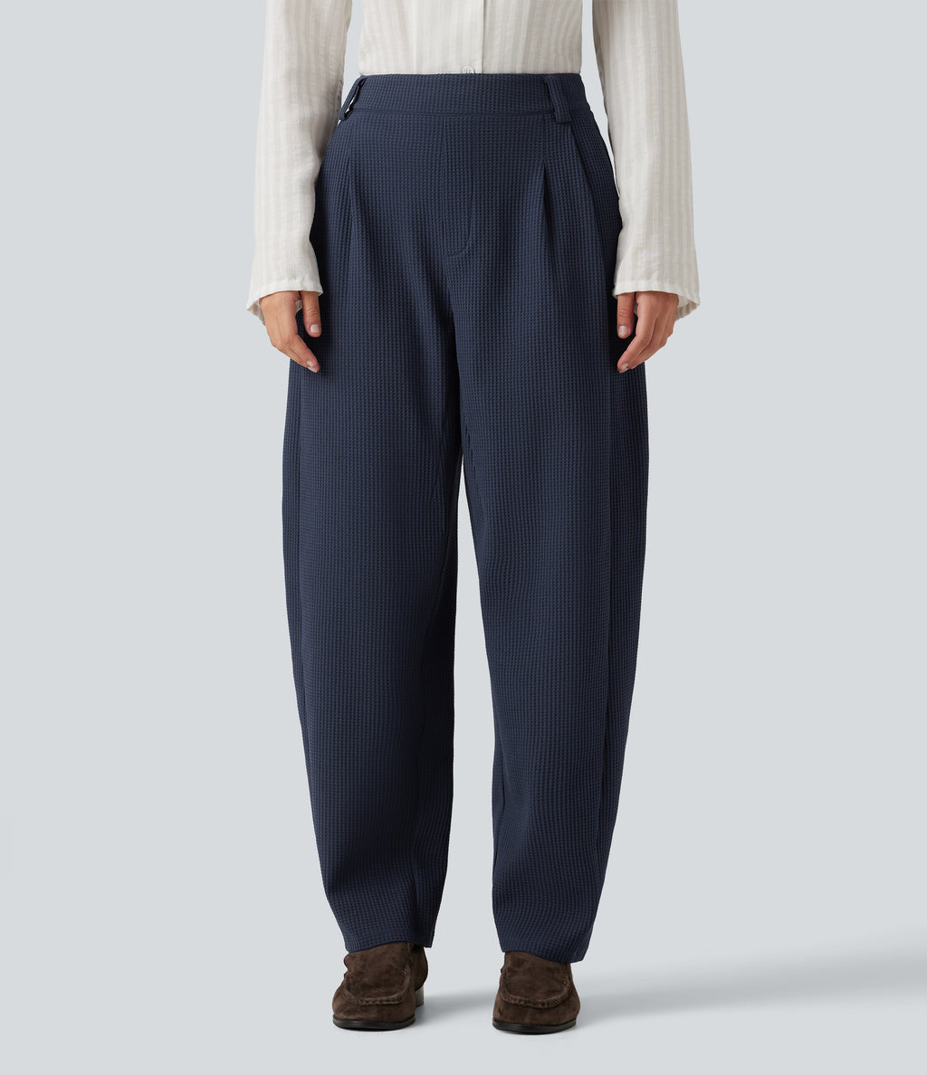 Mid Rise Barrel Leg Waffle Casual Trousers with Pockets — Midnight Blue — view 1