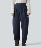 Mid Rise Barrel Leg Waffle Casual Trousers with Pockets — Midnight Blue — view 1