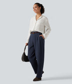 Mid Rise Barrel Leg Waffle Casual Trousers with Pockets — Midnight Blue — view 7