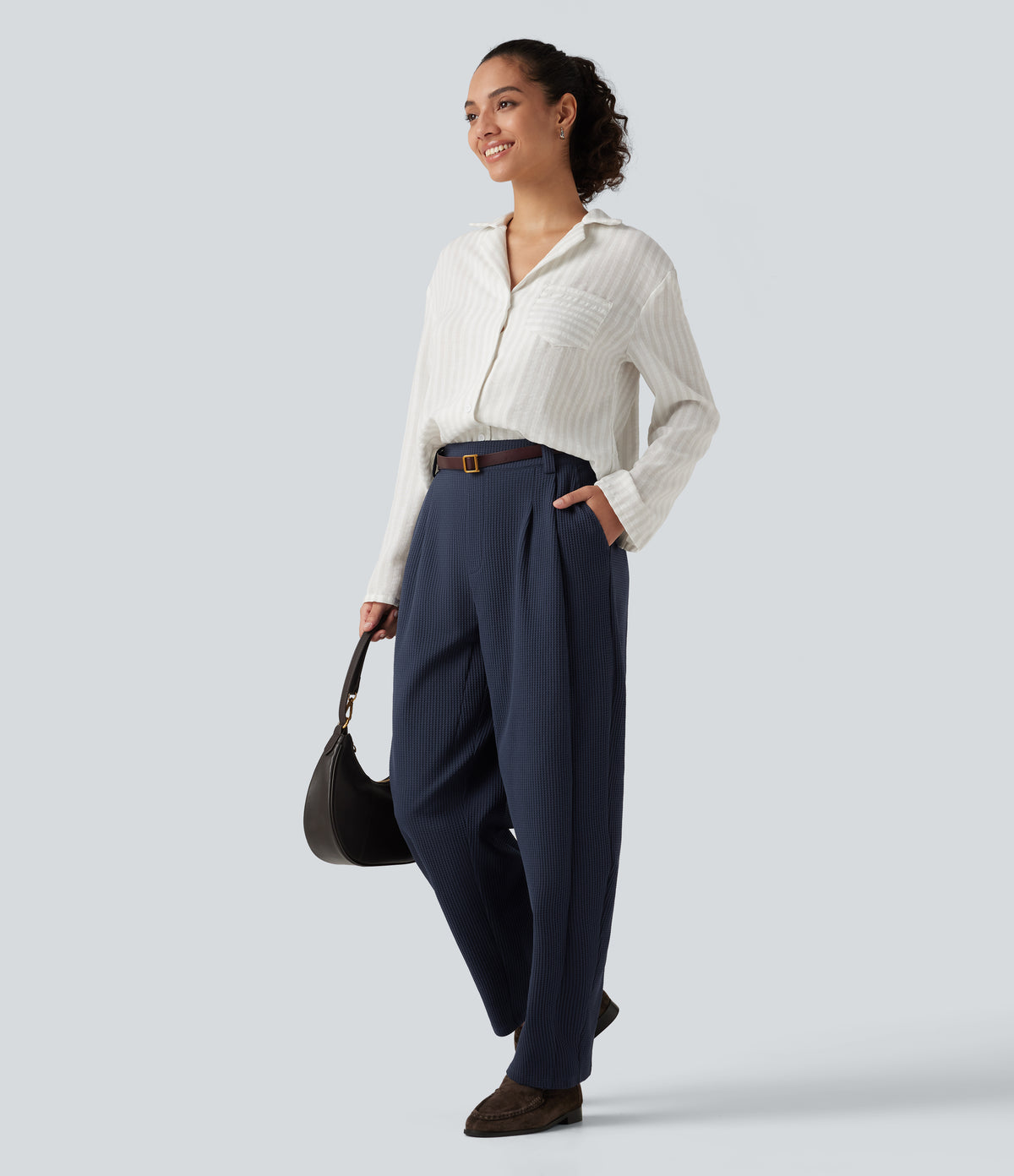 Mid Rise Barrel Leg Waffle Casual Trousers with Pockets — Midnight Blue — view 7