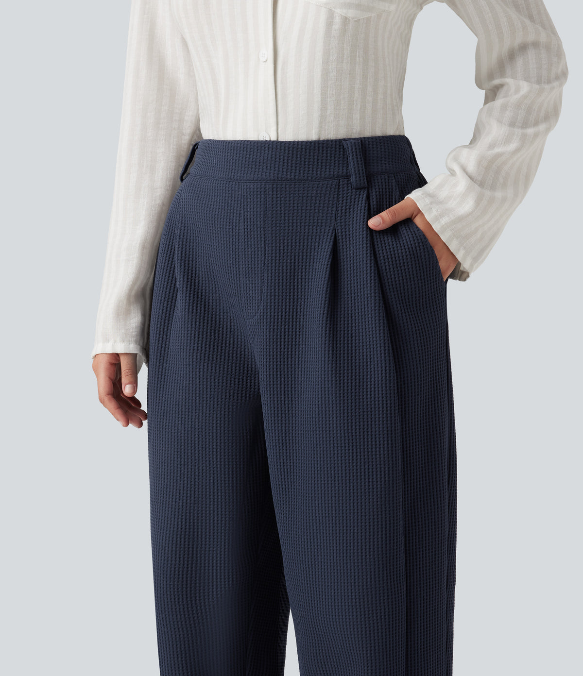 Mid Rise Barrel Leg Waffle Casual Trousers with Pockets — Midnight Blue — view 5