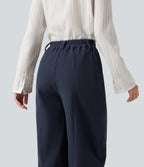 Mid Rise Barrel Leg Waffle Casual Trousers with Pockets — Midnight Blue — view 4