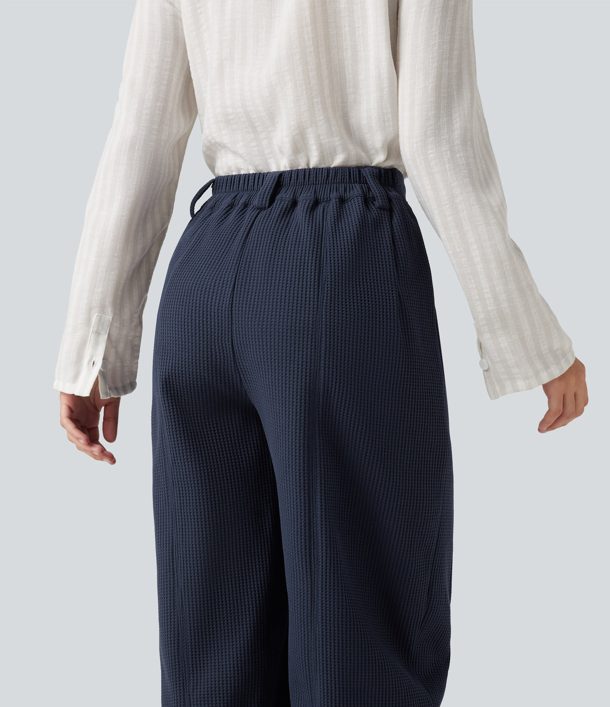Mid Rise Barrel Leg Waffle Casual Trousers with Pockets — Midnight Blue — view 4