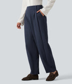Mid Rise Barrel Leg Waffle Casual Trousers with Pockets — Midnight Blue — view 3