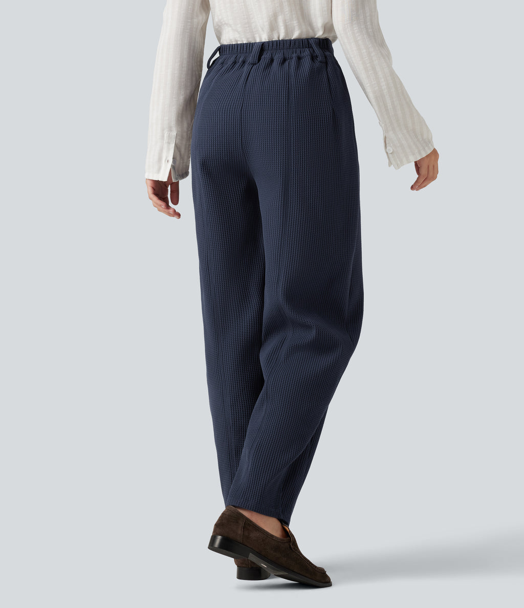 Mid Rise Barrel Leg Waffle Casual Trousers with Pockets — Midnight Blue — view 2