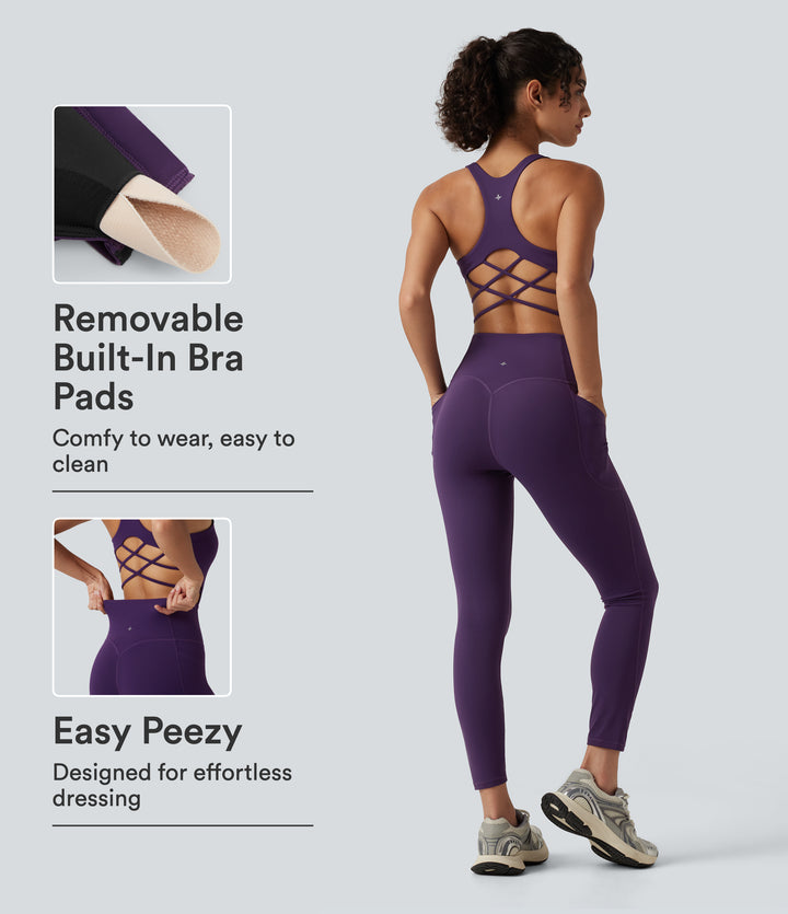 Built-in Bra Tummy Control Workout Jumpsuit with Pockets-Edition — Blackberry Cordial — view 1