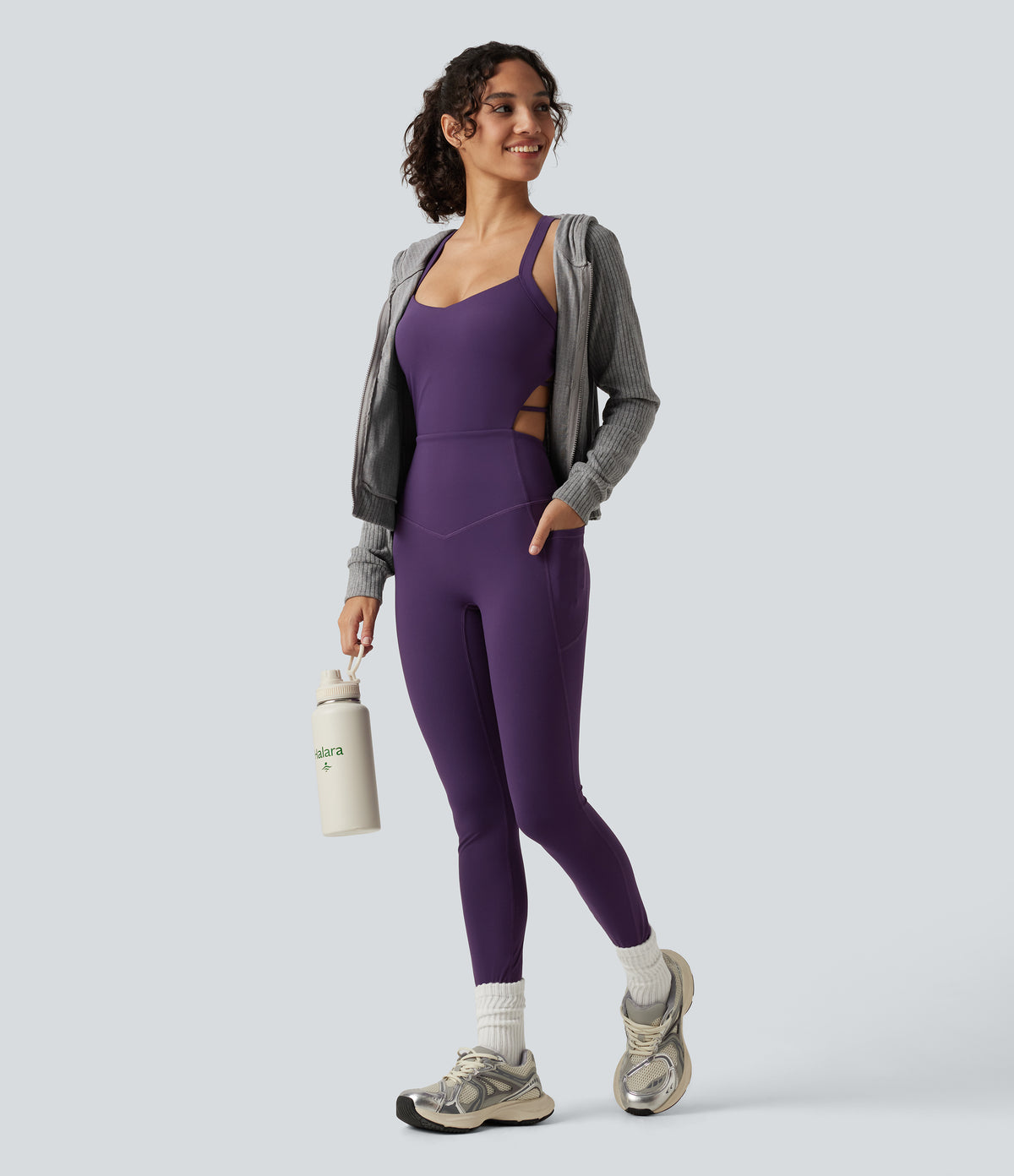 Built-in Bra Tummy Control Workout Jumpsuit with Pockets-Edition — Blackberry Cordial — view 8