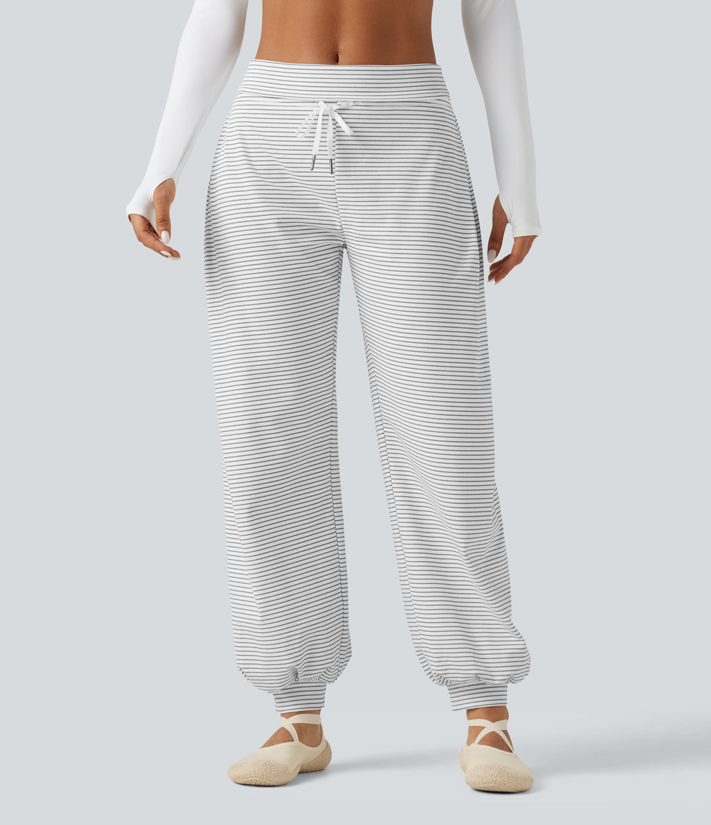 Mid Rise Foldover Drawstring Stripe Yoga Jogger with Pockets — Zebra Ripple — view 1
