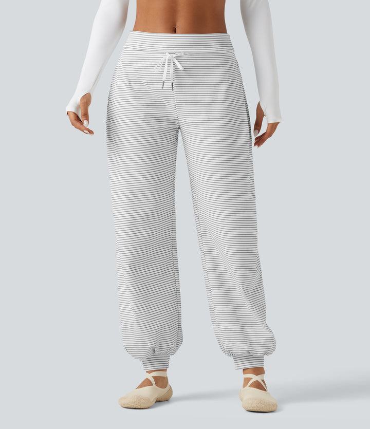 Mid Rise Foldover Drawstring Stripe Yoga Jogger with Pockets — Zebra Ripple — view 1