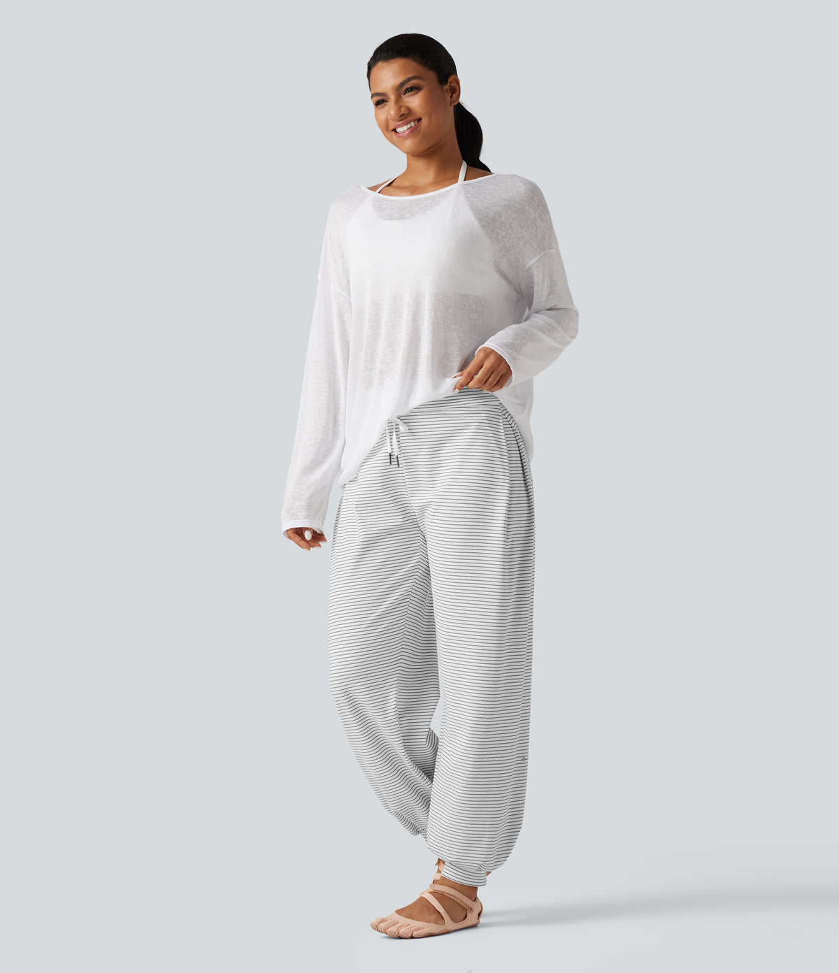 Mid Rise Foldover Drawstring Stripe Yoga Jogger with Pockets — Zebra Ripple — view 8