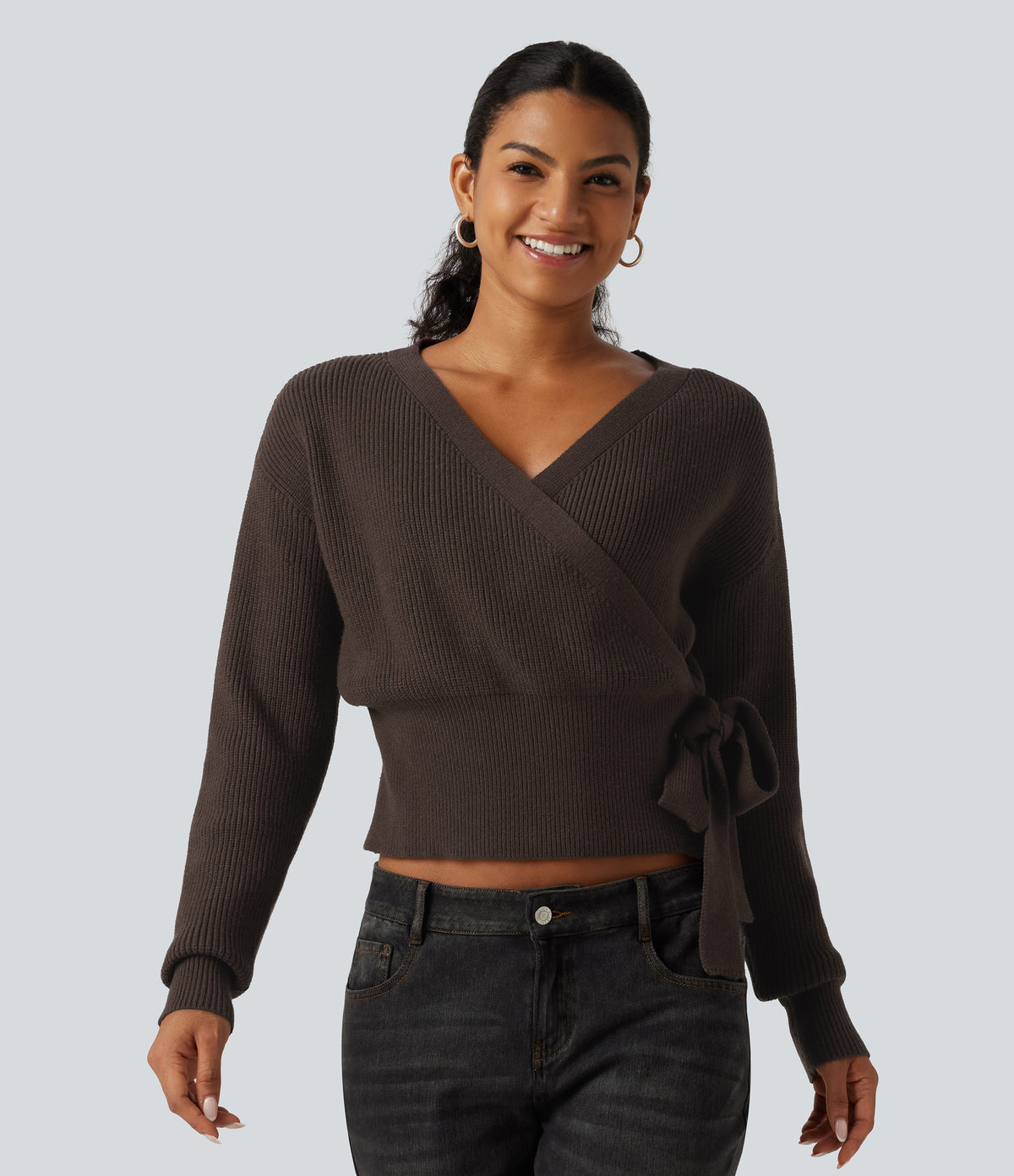 V Neck Long Sleeve Tie Side Work Sweater — Delicioso — view 4