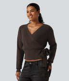 V Neck Long Sleeve Tie Side Work Sweater — Delicioso — view 3