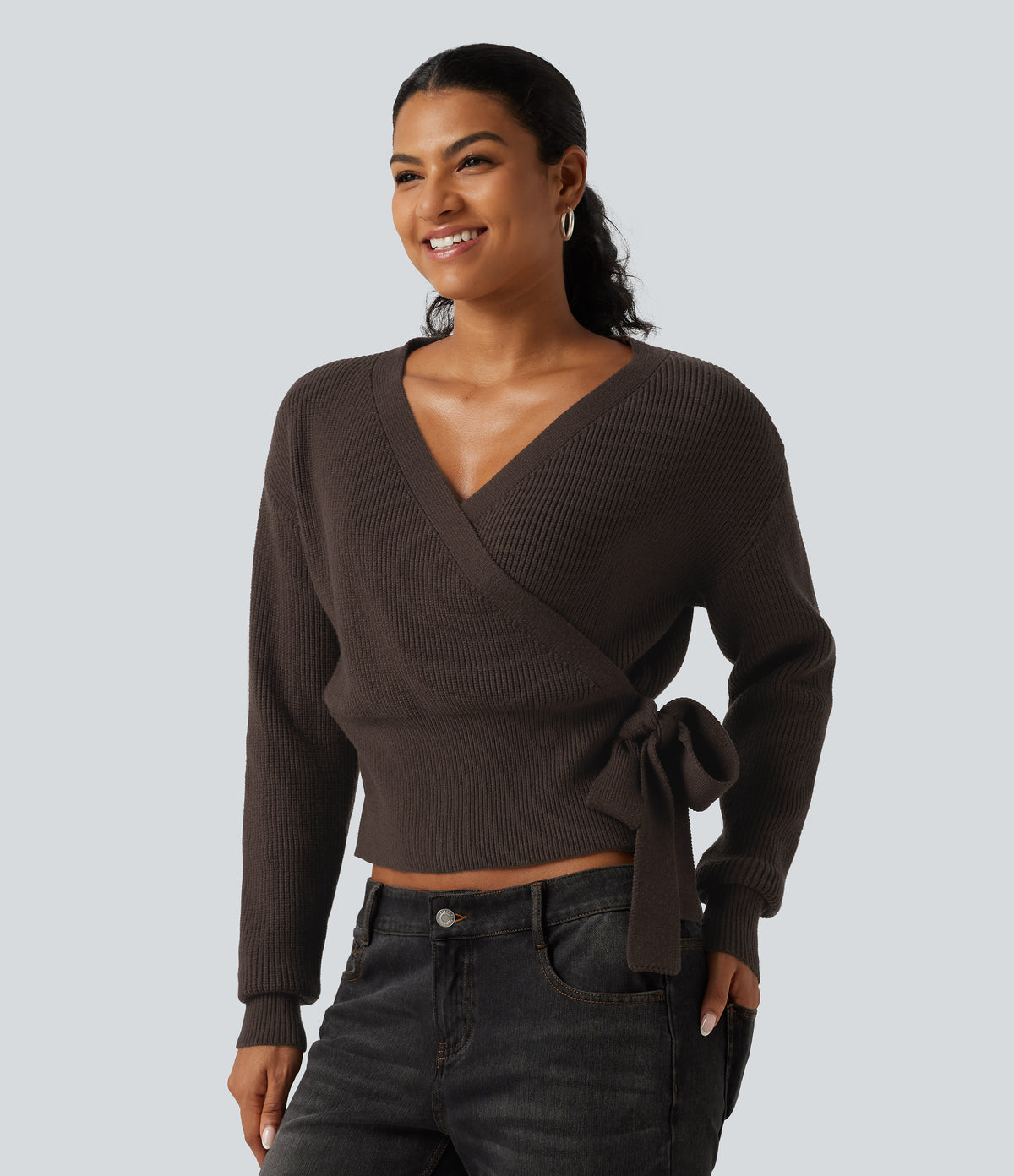 V Neck Long Sleeve Tie Side Work Sweater — Delicioso — view 3