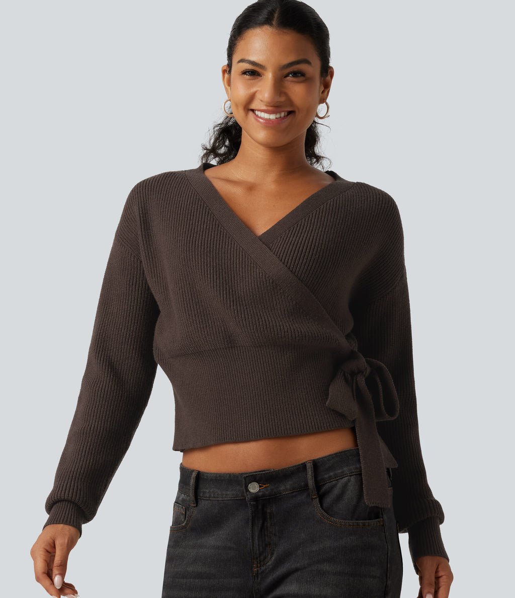 V Neck Long Sleeve Tie Side Work Sweater — Delicioso — view 1