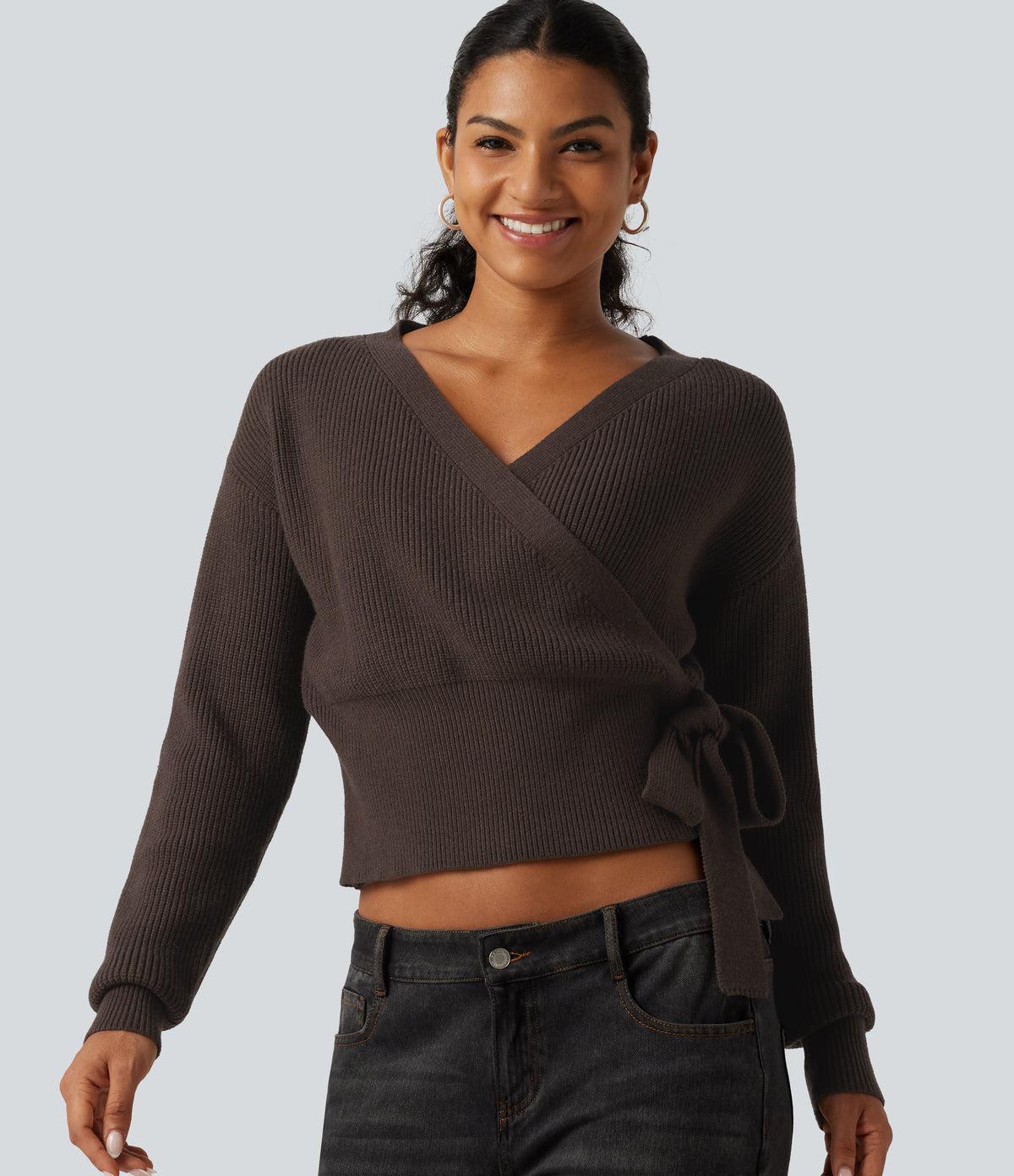 V Neck Long Sleeve Tie Side Work Sweater — Delicioso — view 1