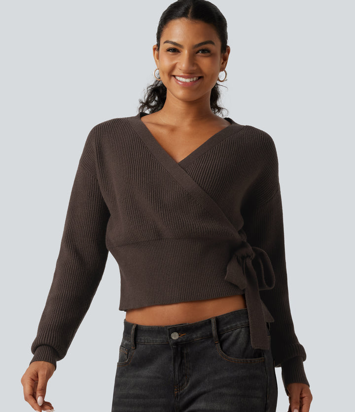 V Neck Long Sleeve Tie Side Work Sweater — Delicioso — view 1