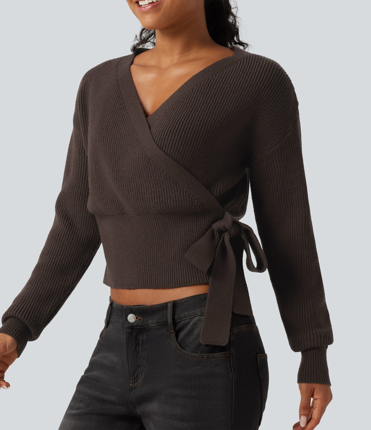 V Neck Long Sleeve Tie Side Work Sweater — Delicioso — view 5