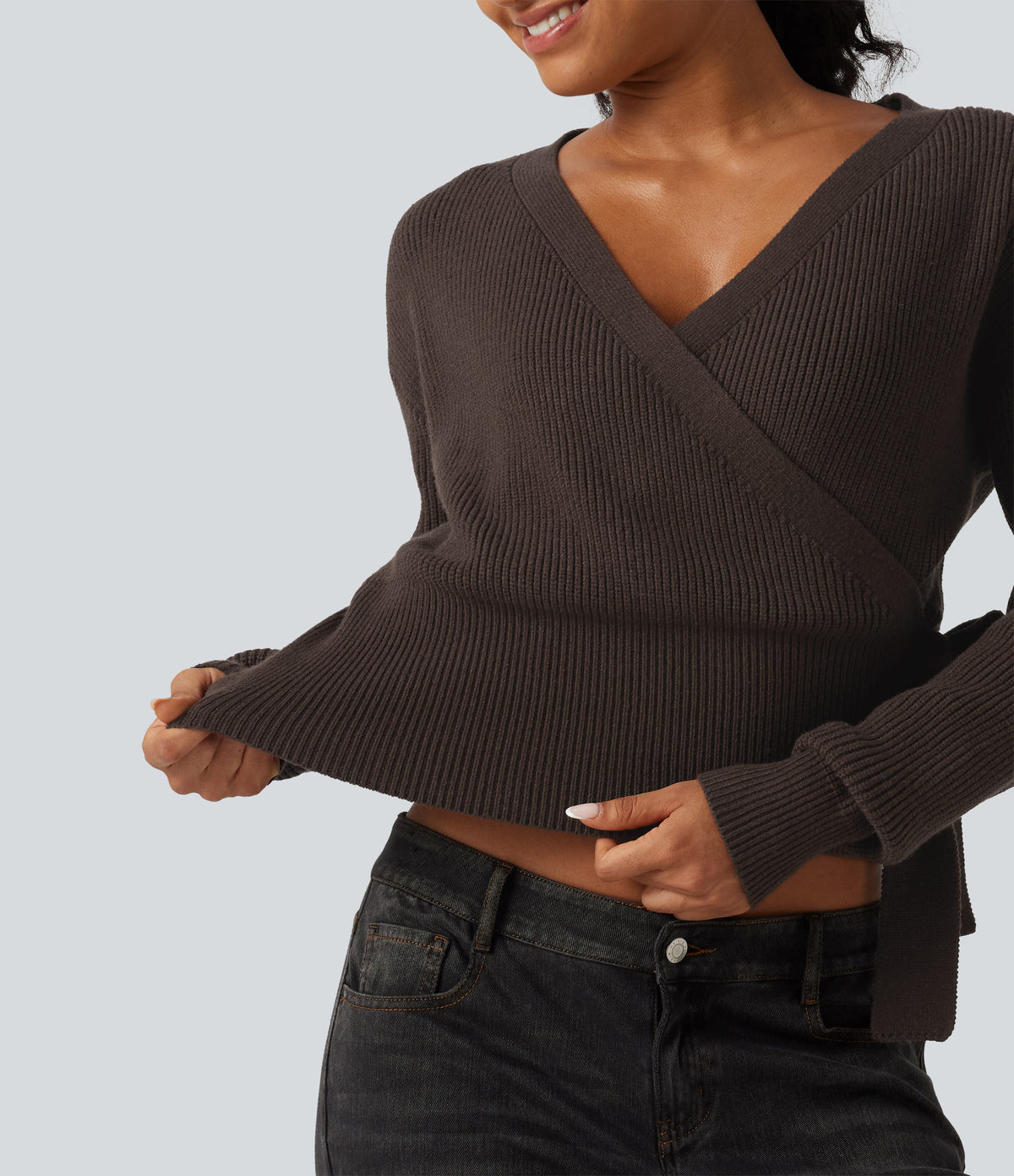 V Neck Long Sleeve Tie Side Work Sweater — Delicioso — view 6