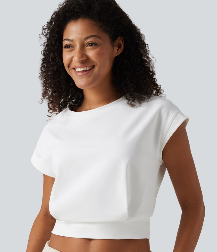 Round Neck Batwing Short Sleeve Cropped Yoga Sports Top — White — view 1