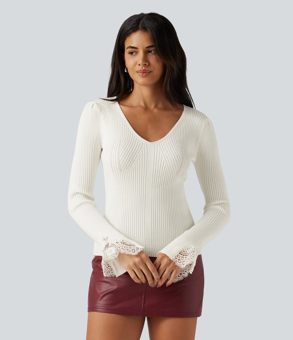V Neck Long Sleeve Contrast Lace Work Jumper — White — view 1