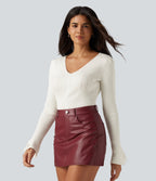 V Neck Long Sleeve Contrast Lace Work Jumper — White — view 3
