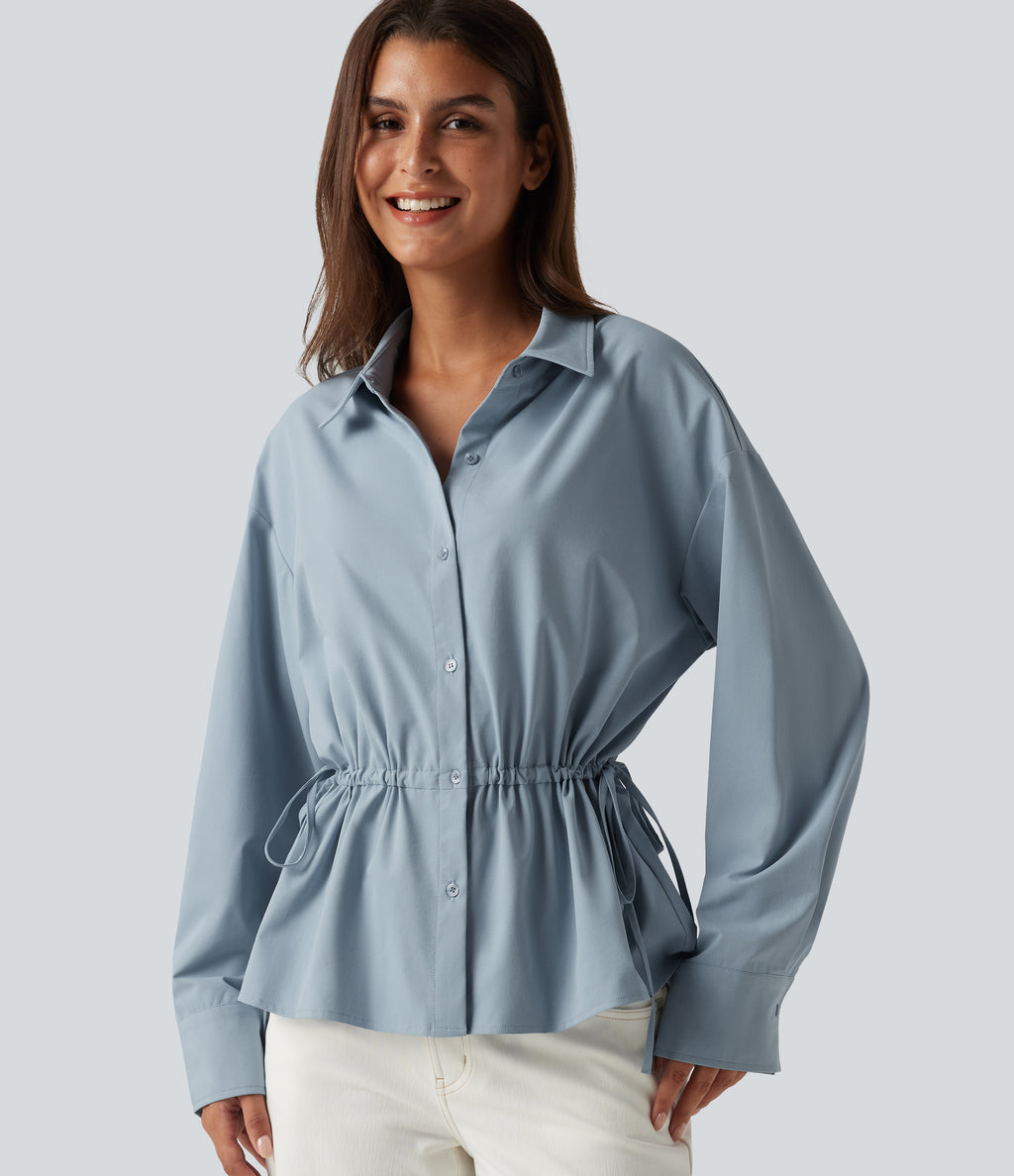 Long Sleeve Ruched Drawstring Casual Shirt — Mountain Spring — view 1