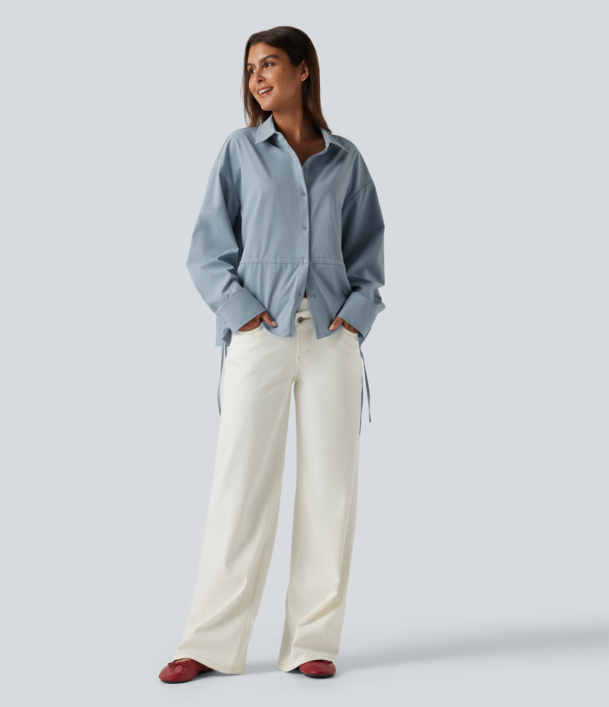 Long Sleeve Ruched Drawstring Casual Shirt — Mountain Spring — view 8