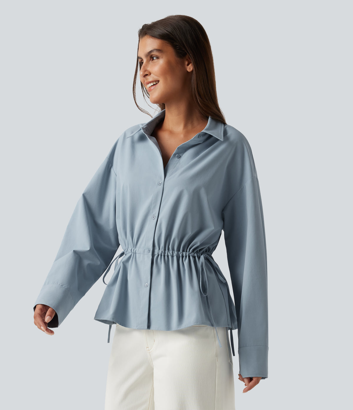 Long Sleeve Ruched Drawstring Casual Shirt — Mountain Spring — view 3