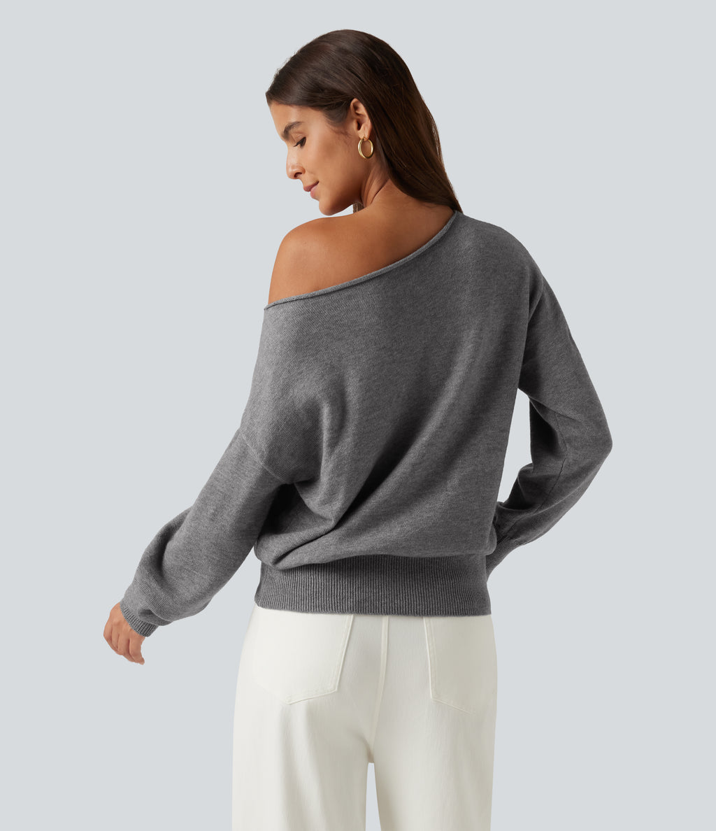 One Shoulder Long Sleeve Work Jumper — Mottled Grey — view 2