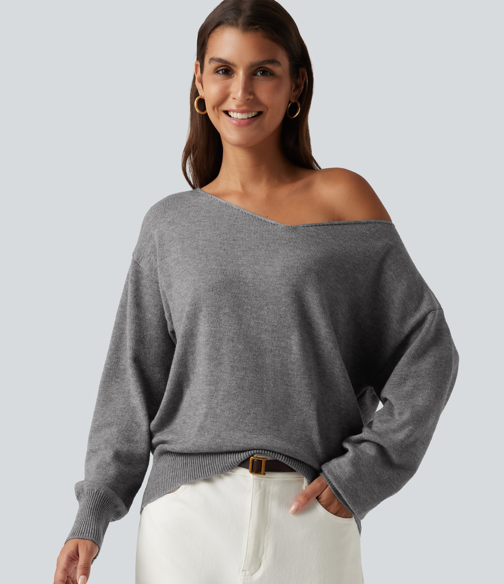 One Shoulder Long Sleeve Work Jumper — Mottled Grey — view 5