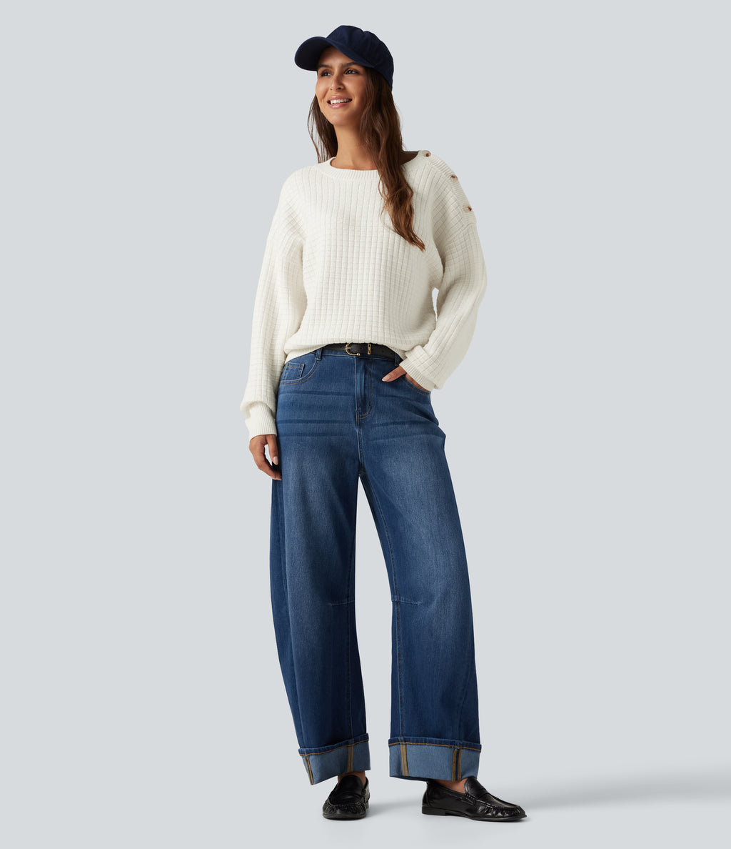 Round Neck Dropped Shoulder Long Sleeve Casual Jumper — Snow White — view 4