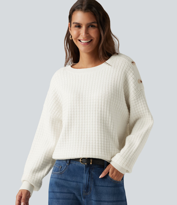 Round Neck Dropped Shoulder Long Sleeve Casual Jumper — Snow White — view 1