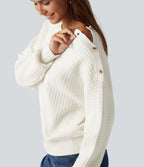 Round Neck Dropped Shoulder Long Sleeve Casual Jumper — Snow White — view 5