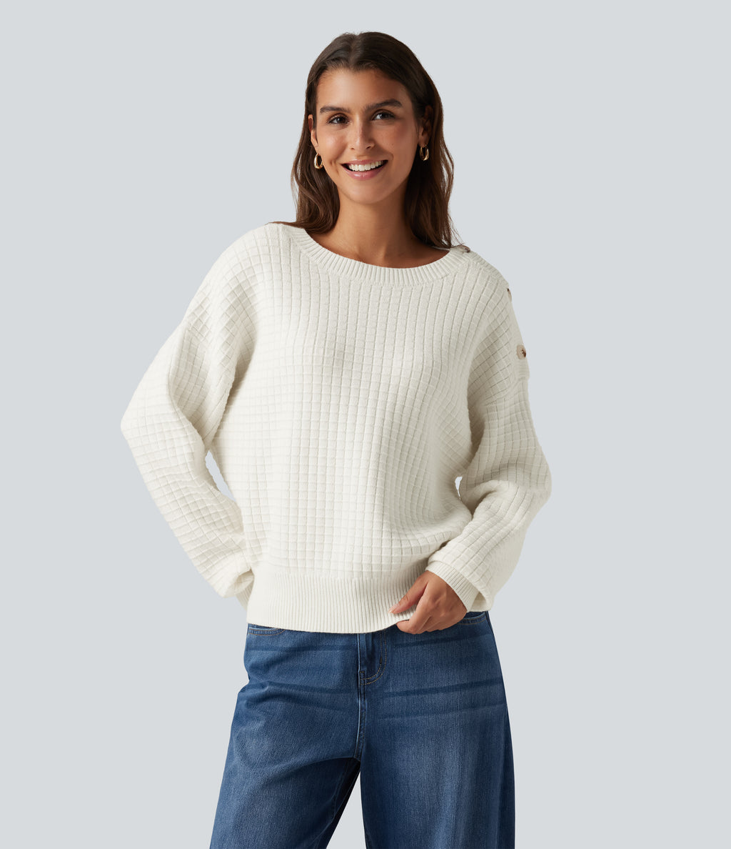 Round Neck Dropped Shoulder Long Sleeve Casual Jumper — Snow White — view 7