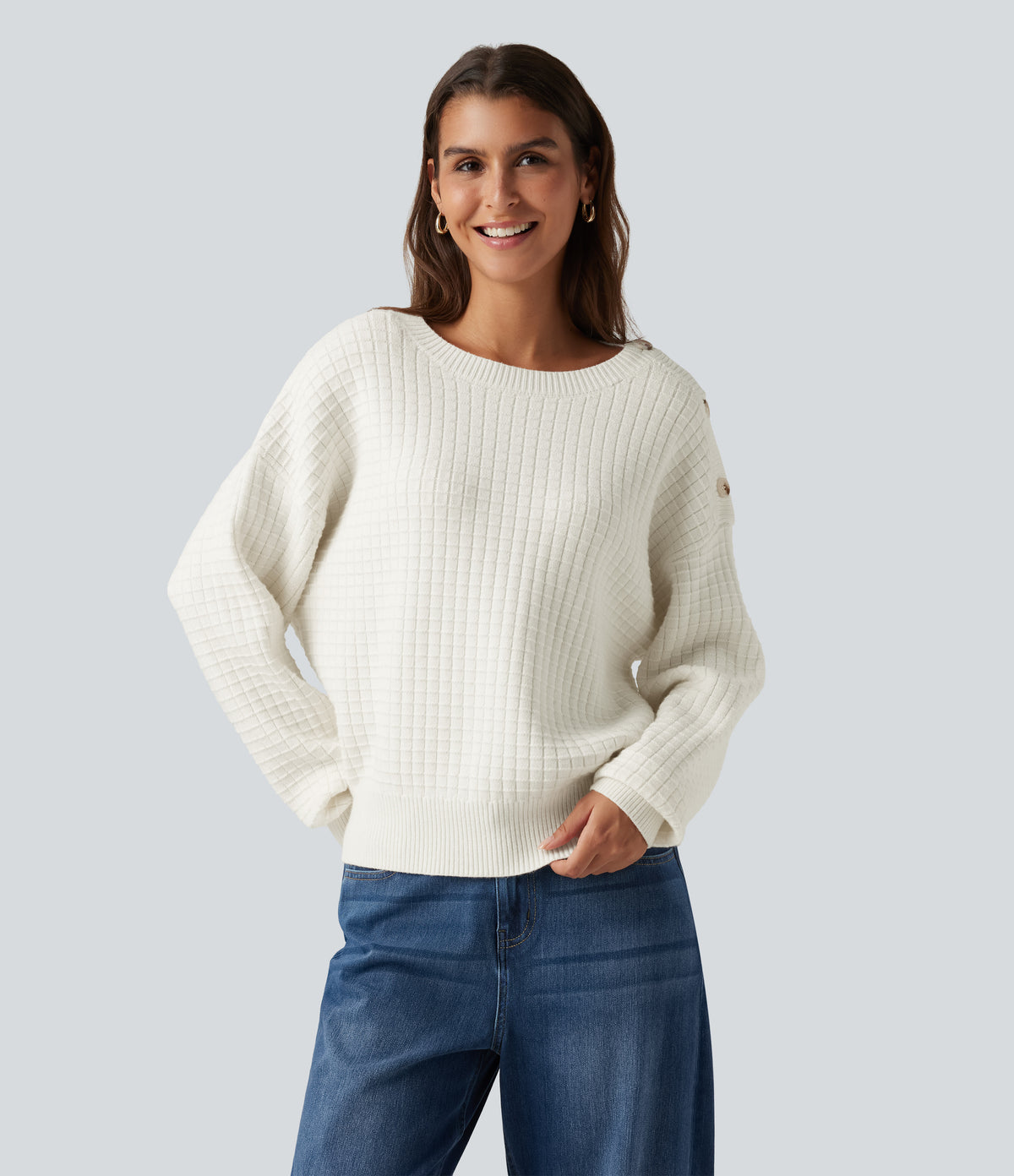 Round Neck Dropped Shoulder Long Sleeve Casual Jumper — Snow White — view 7
