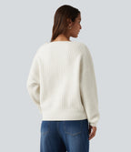 Round Neck Dropped Shoulder Long Sleeve Casual Jumper — Snow White — view 2