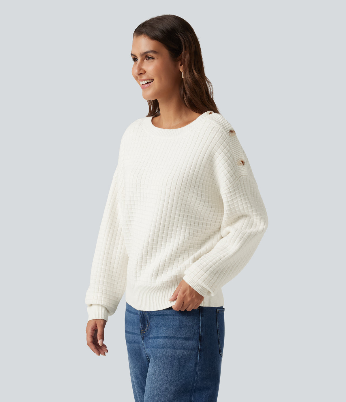 Round Neck Dropped Shoulder Long Sleeve Casual Jumper — Snow White — view 3