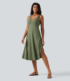 U Neck Flowy Midi Casual Tank Dress — Light Green Floral Yarn — view 3