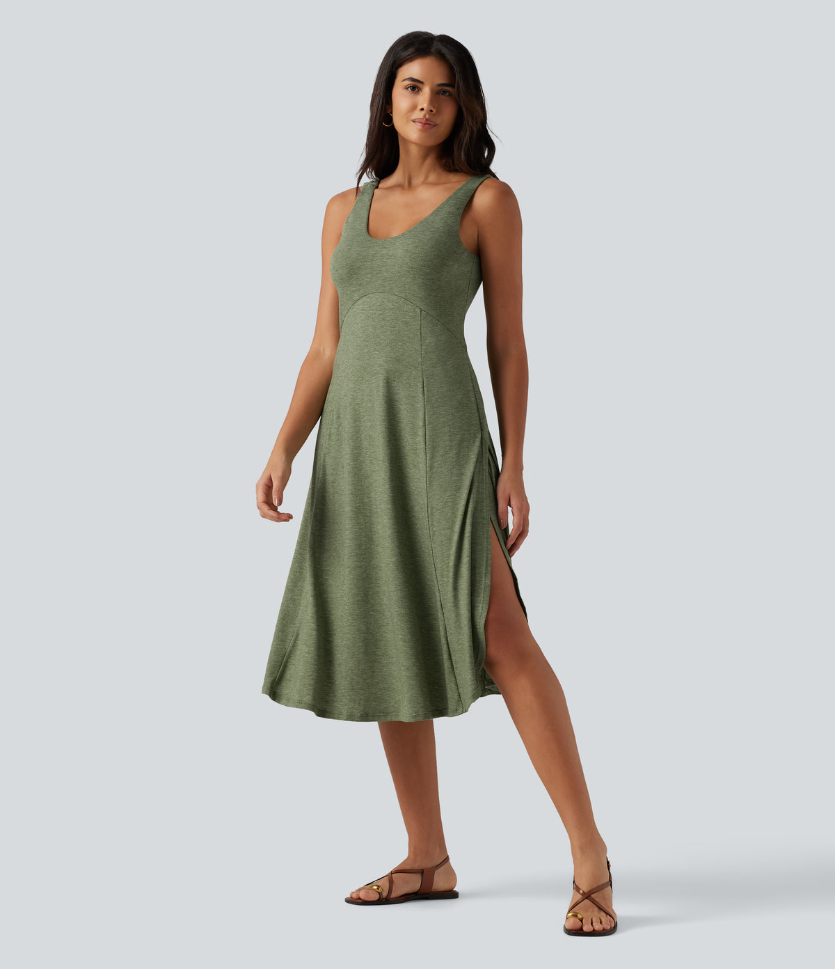 U Neck Flowy Midi Casual Tank Dress — Light Green Floral Yarn — view 3