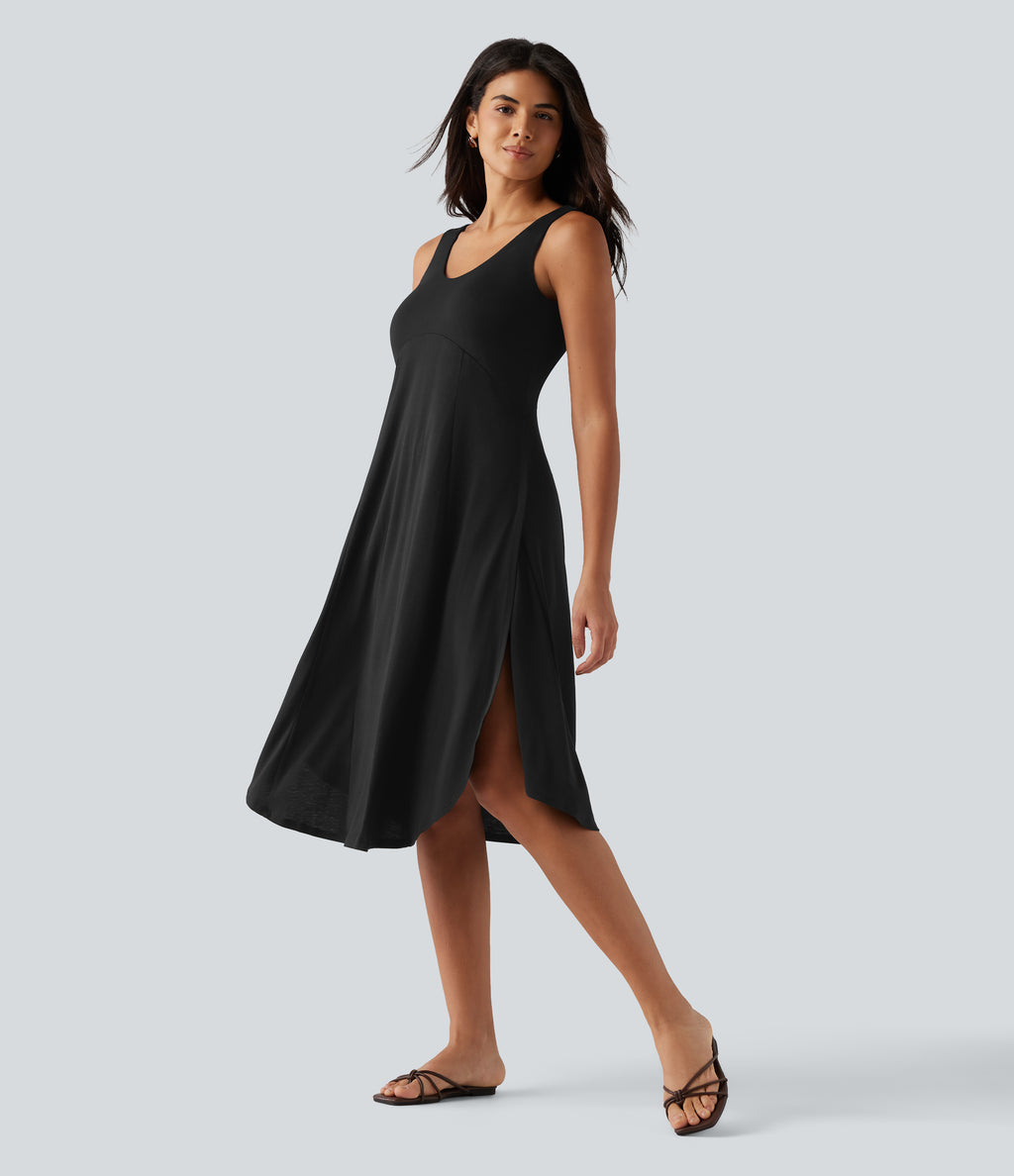 U Neck Flowy Midi Casual Tank Dress — Black — view 6