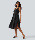 U Neck Flowy Midi Casual Tank Dress — Black — view 6