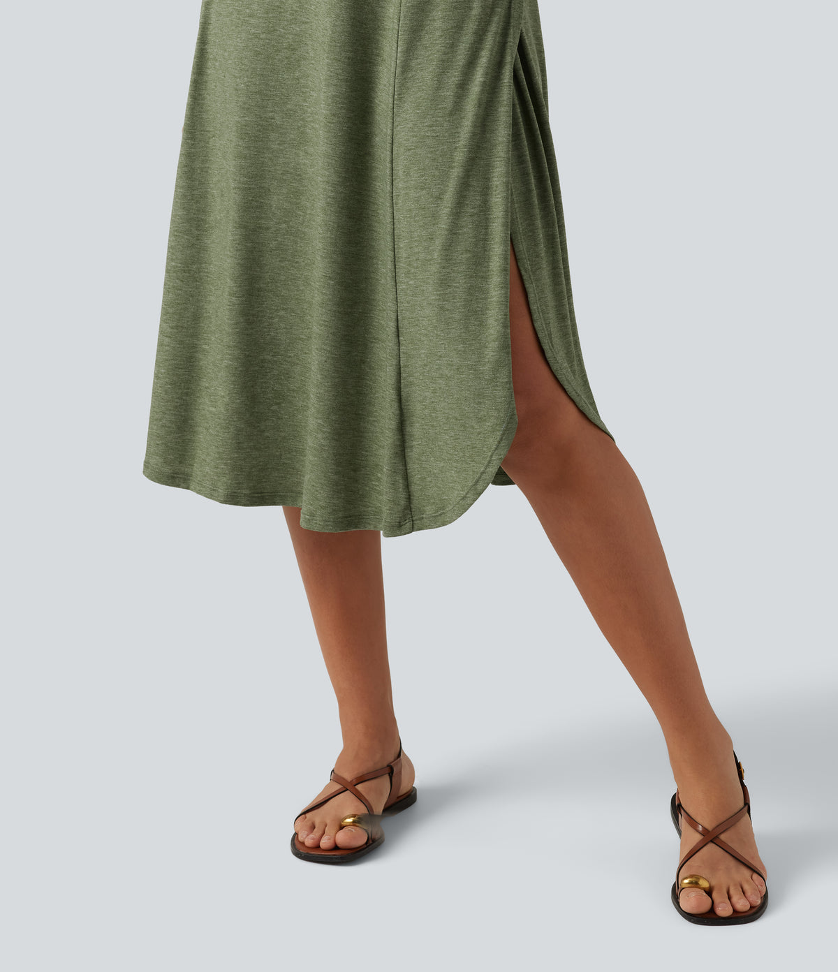 U Neck Flowy Midi Casual Tank Dress — Light Green Floral Yarn — view 4