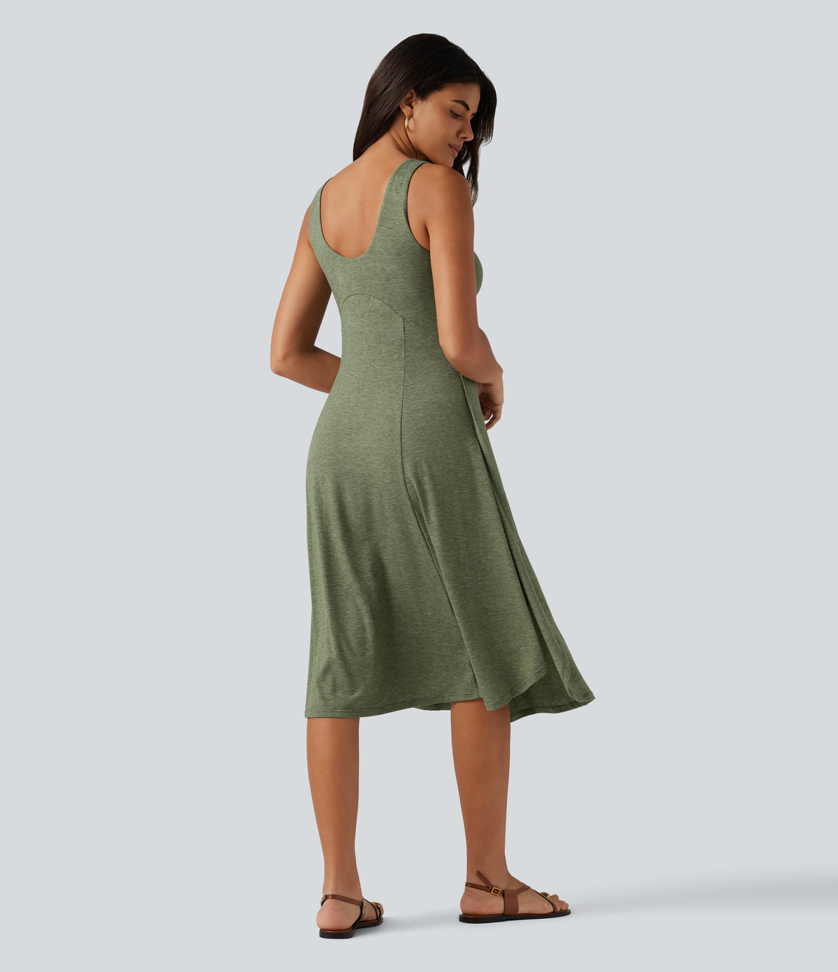 U Neck Flowy Midi Casual Tank Dress — Light Green Floral Yarn — view 2