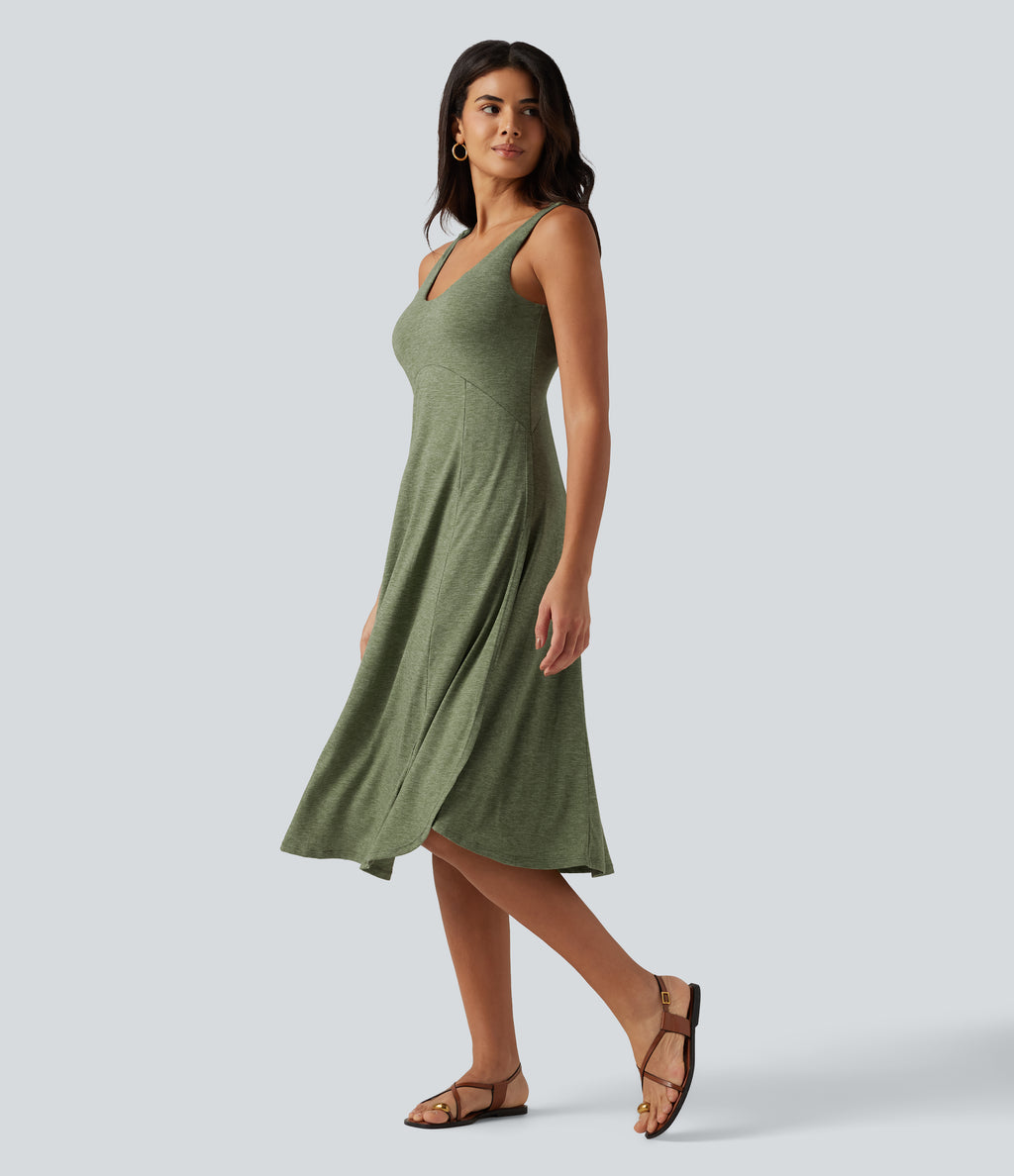 U Neck Flowy Midi Casual Tank Dress — Light Green Floral Yarn — view 1