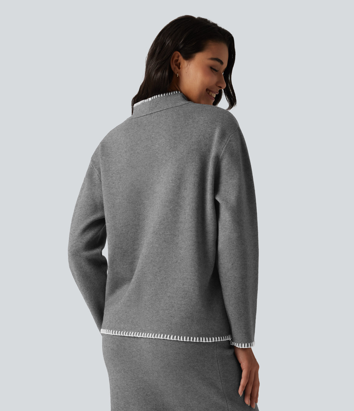 Stand Collar Long Sleeve Crochet Work Jumper — Gull — view 2