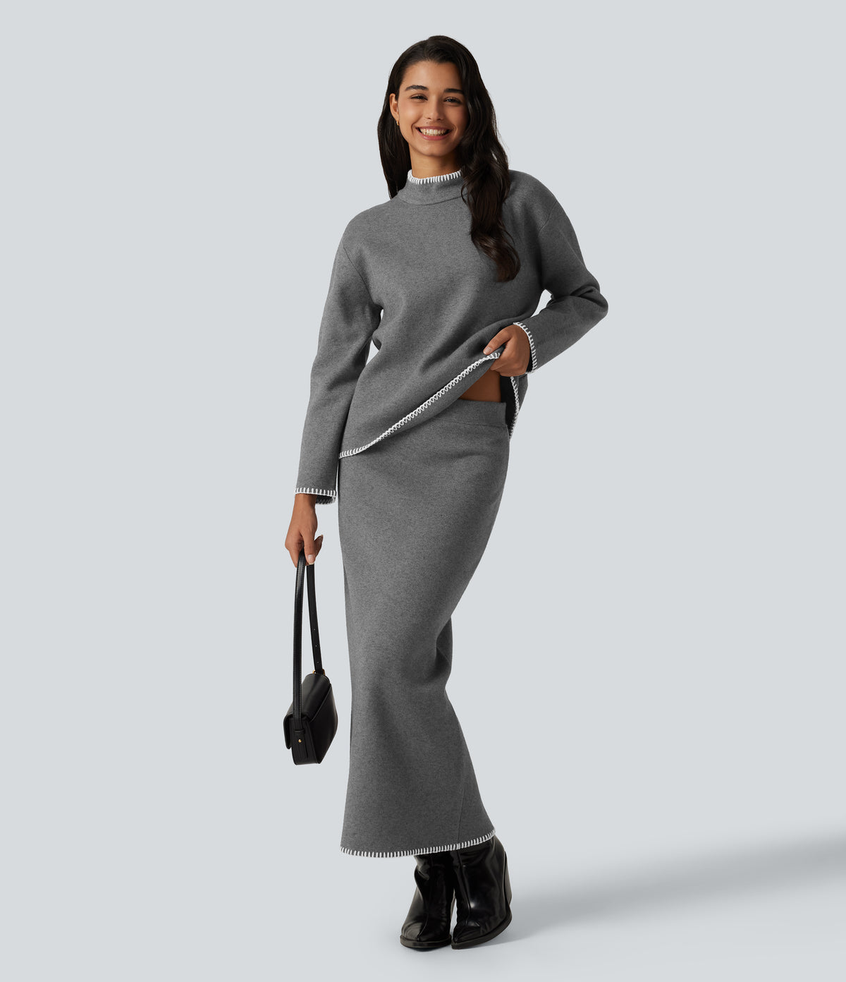 Stand Collar Long Sleeve Crochet Work Jumper — Gull — view 7