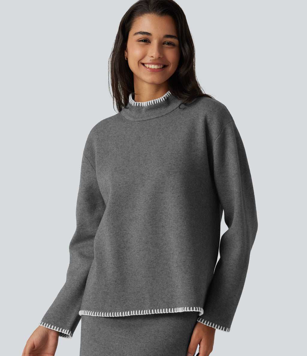 Stand Collar Long Sleeve Crochet Work Jumper — Gull — view 1