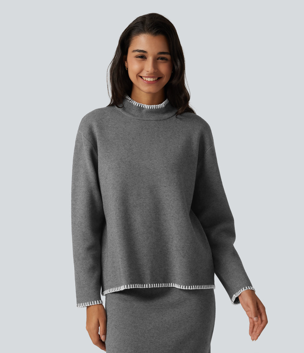 Stand Collar Long Sleeve Crochet Work Jumper — Gull — view 4