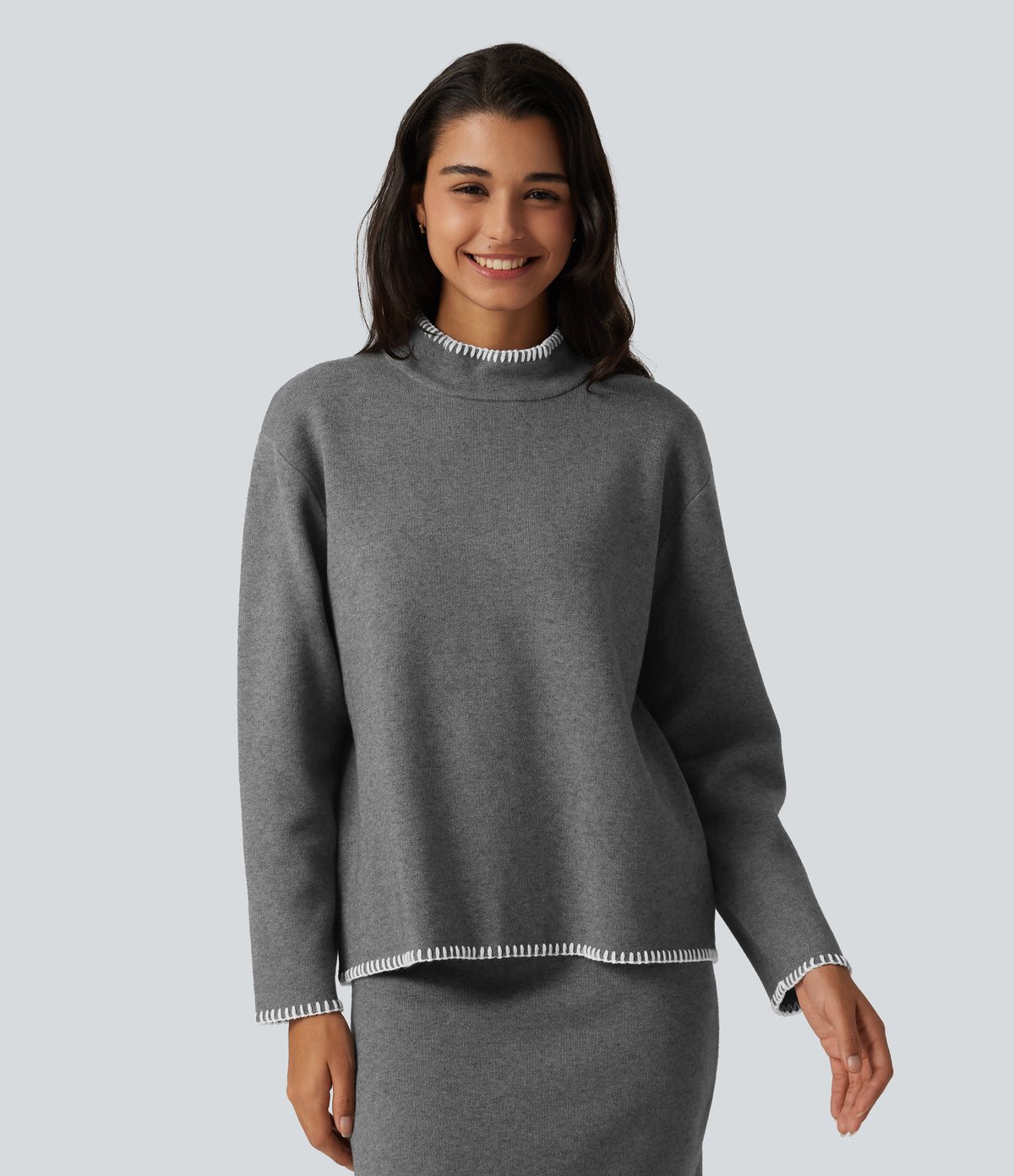 Stand Collar Long Sleeve Crochet Work Jumper — Gull — view 4