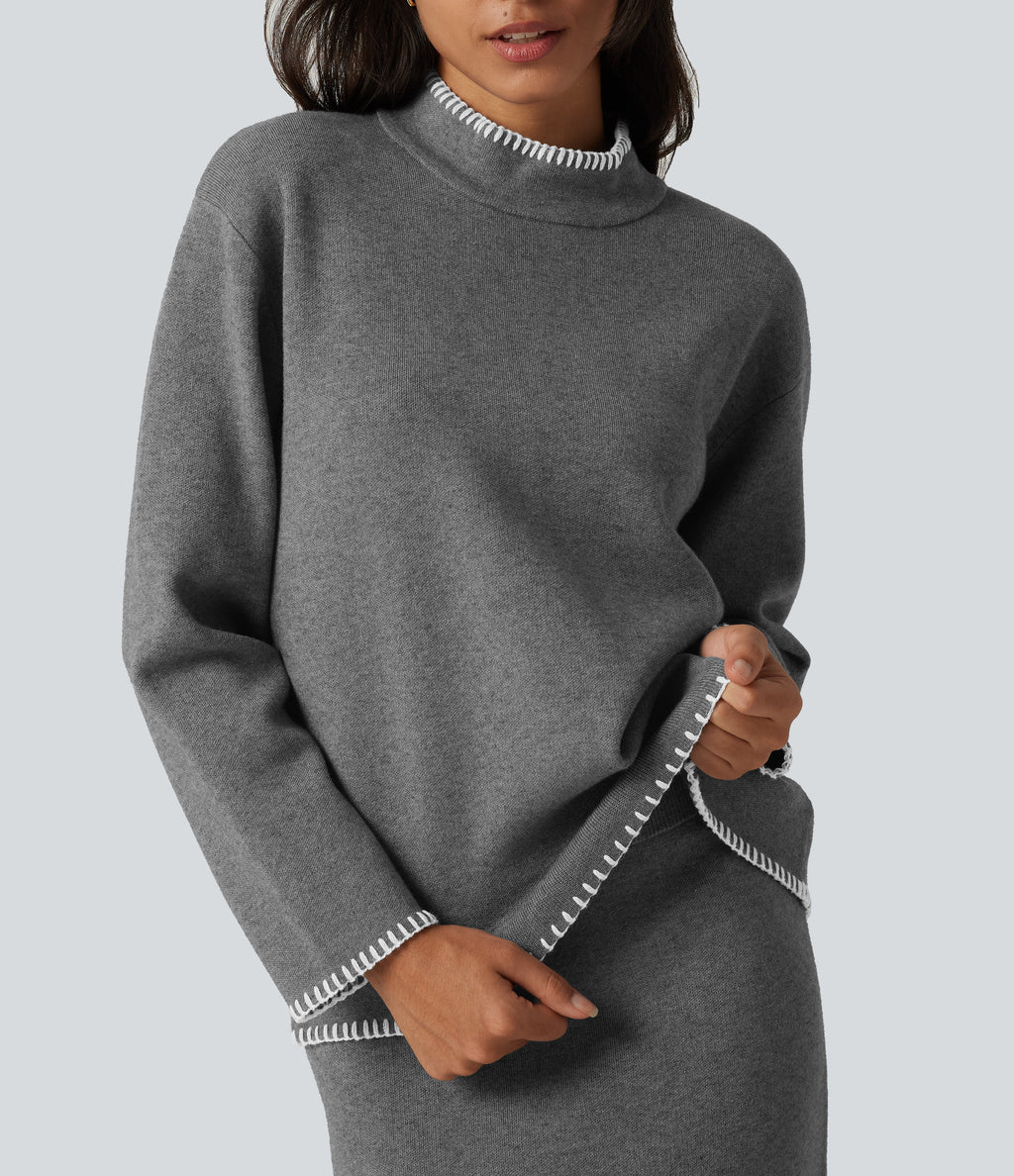 Stand Collar Long Sleeve Crochet Work Jumper — Gull — view 5